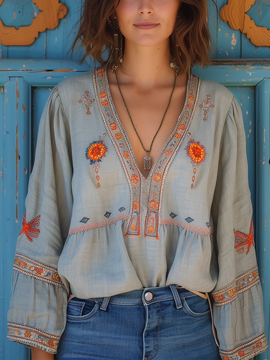 Magdalena | Damen Sommer Bohemian Bestickte Bluse