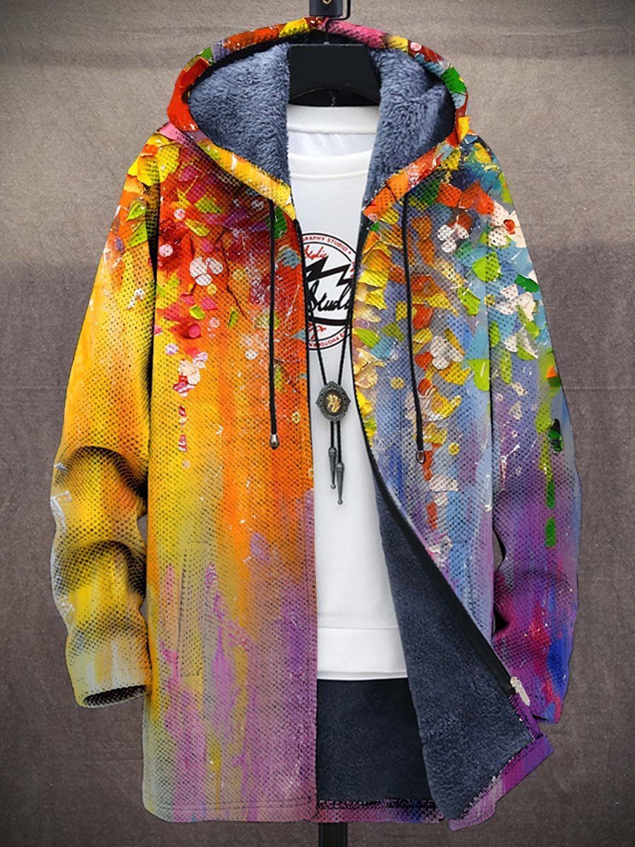 Kunstdruck Fleece-gefütterter Oversized Zip-Hoodie Cardigan - Regenbogen