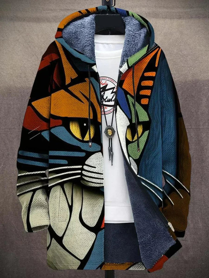 Kunstdruck Fleece-gefütterter Oversized Zip-Hoodie Cardigan - Katze