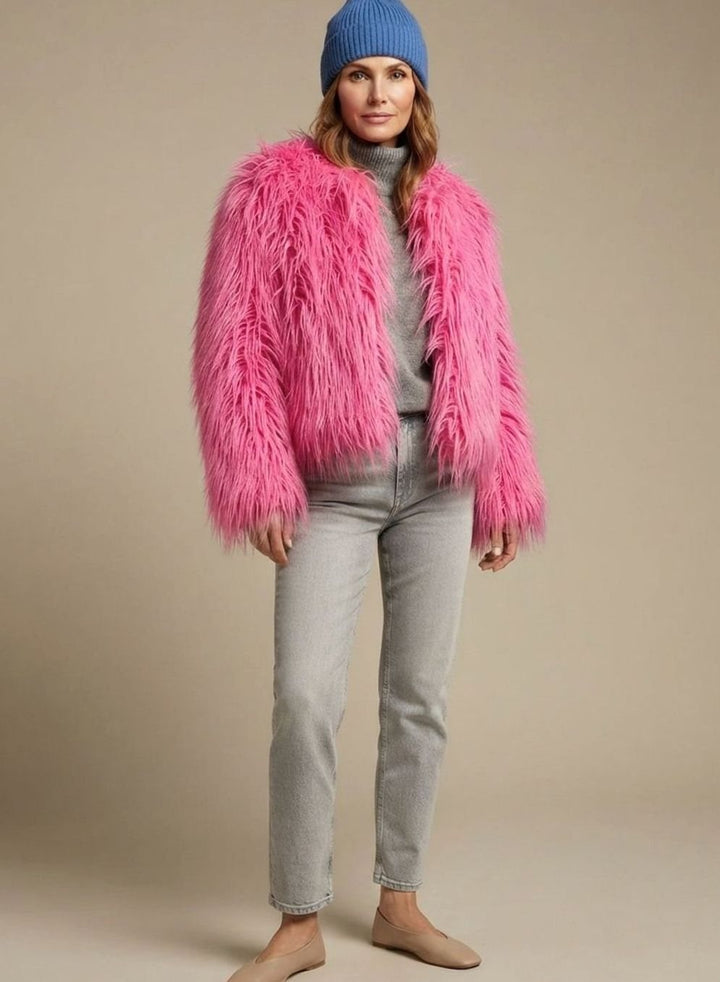 Kunstpelzmantel Damen Flauschige Kurzjacke Wintermantel - Heißes Rosa