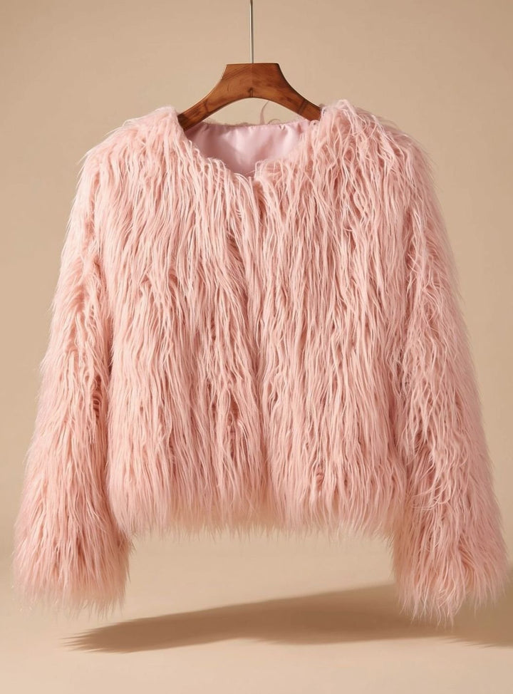 Kunstpelzmantel Damen Flauschige Kurzjacke Wintermantel - Rosa