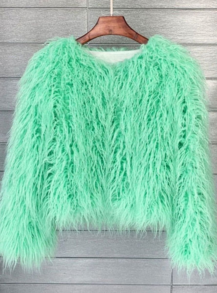 Kunstpelzmantel Damen Flauschige Kurzjacke Wintermantel - Hellgrün