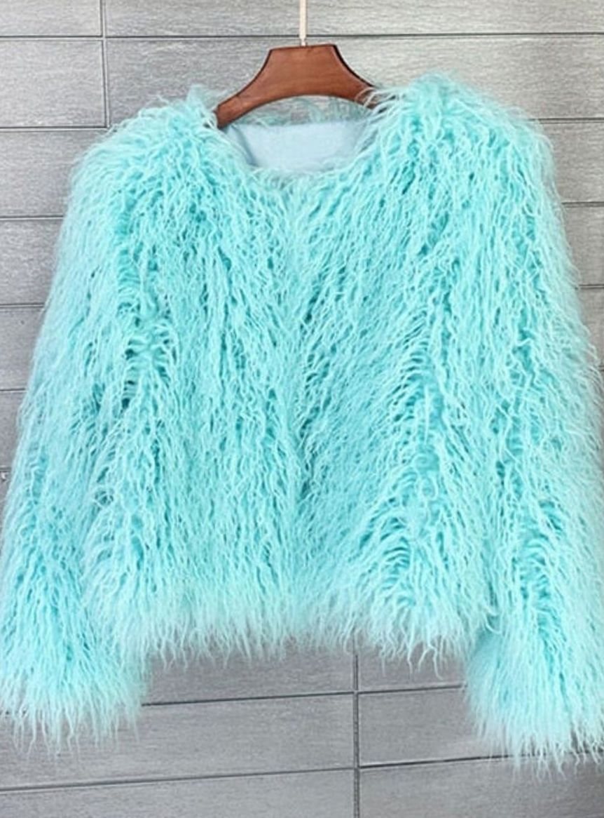 Kunstpelzmantel Damen Flauschige Kurzjacke Wintermantel - Hellblau