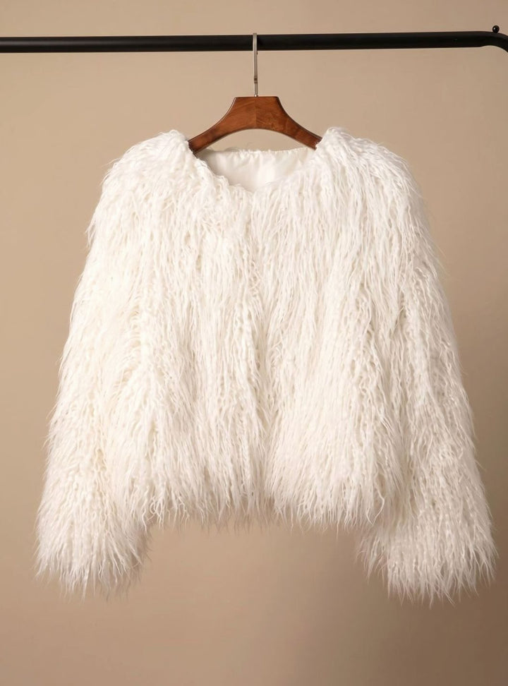Kunstpelzmantel Damen Flauschige Kurzjacke Wintermantel - Weiß