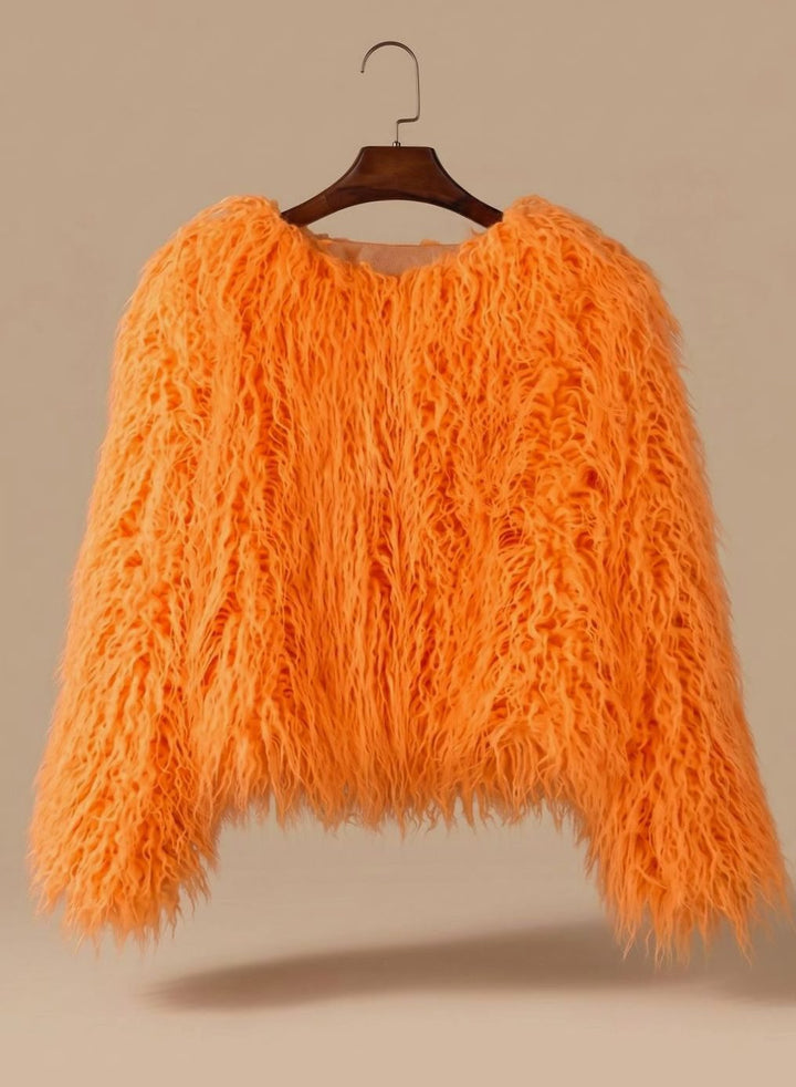 Kunstpelzmantel Damen Flauschige Kurzjacke Wintermantel - Orange