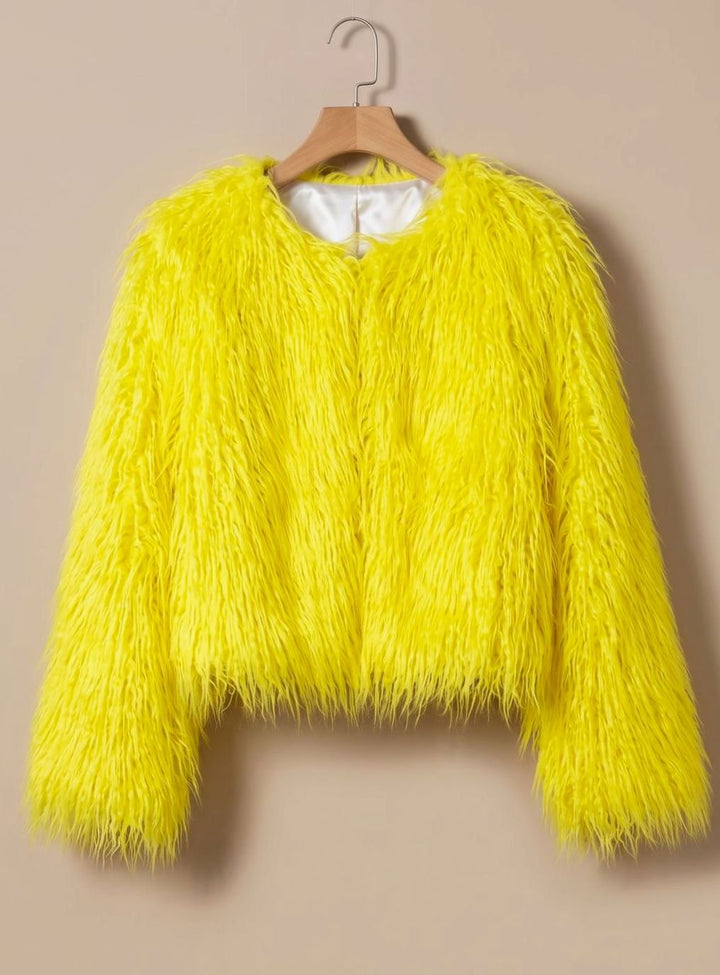 Kunstpelzmantel Damen Flauschige Kurzjacke Wintermantel - Gelb