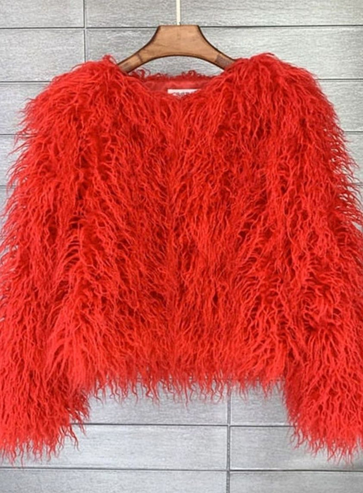 Kunstpelzmantel Damen Flauschige Kurzjacke Wintermantel - Rot