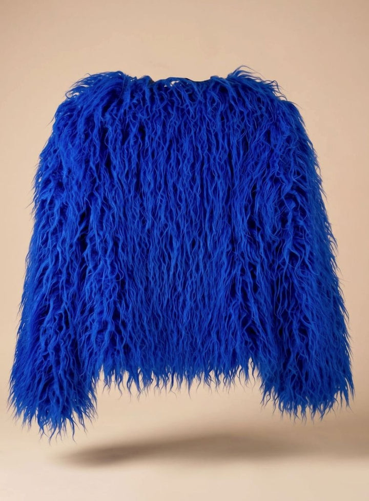 Kunstpelzmantel Damen Flauschige Kurzjacke Wintermantel - Blau