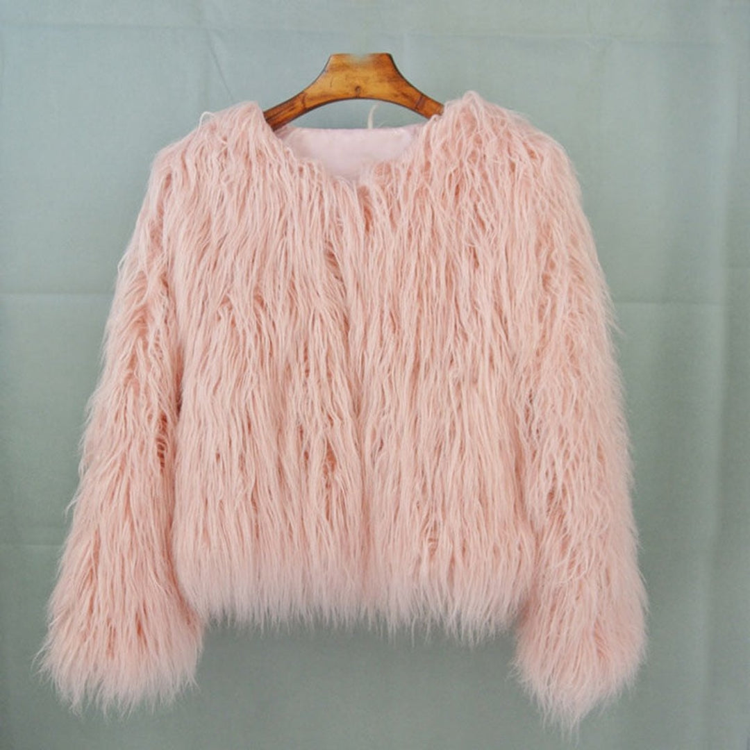 Kunstpelzmantel Damen flauschiger Langflor Wintermantel - Rosa