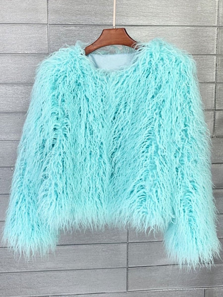 Kunstpelzmantel Damen flauschiger Langflor Wintermantel - Hellblau
