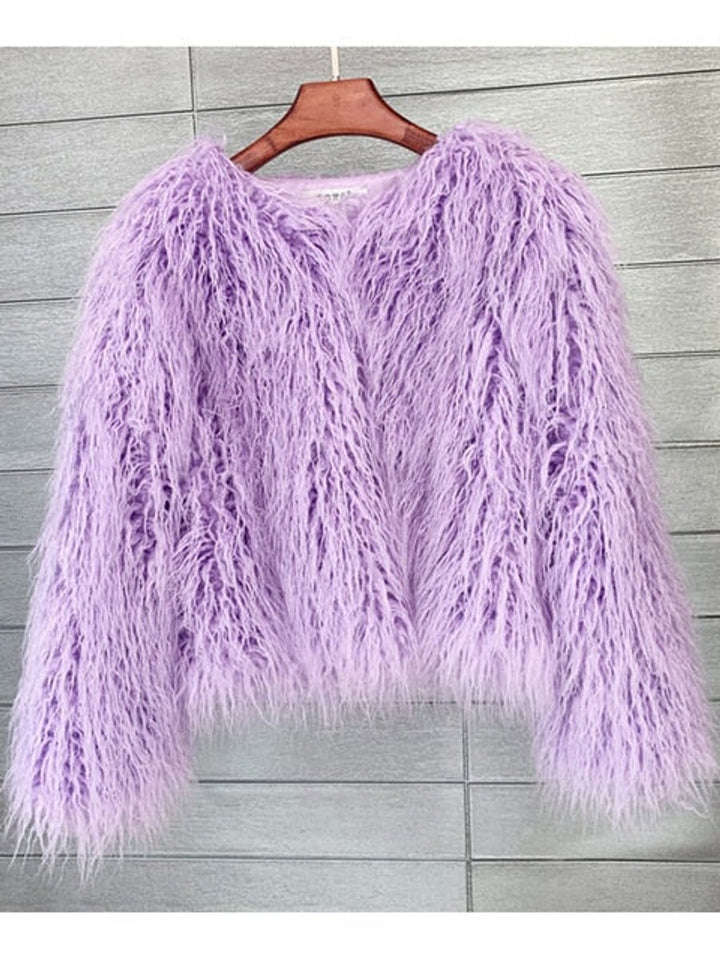 Kunstpelzmantel Damen flauschiger Langflor Wintermantel - Hellviolett