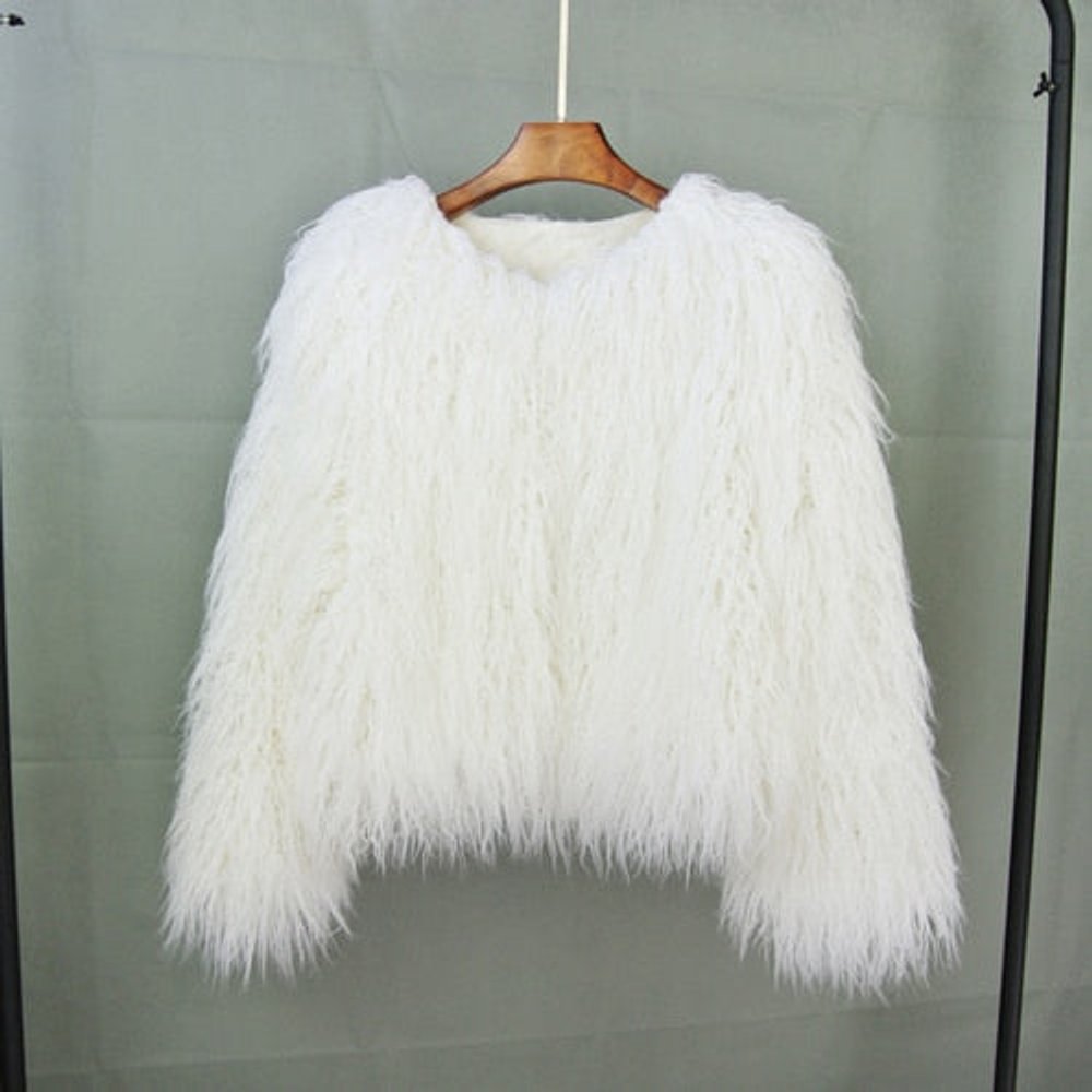 Kunstpelzmantel Damen flauschiger Langflor Wintermantel - Weiß