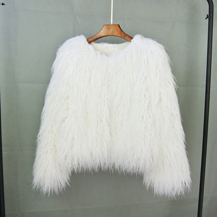 Kunstpelzmantel Damen flauschiger Langflor Wintermantel - Weiß