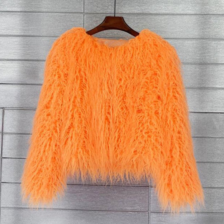 Kunstpelzmantel Damen flauschiger Langflor Wintermantel - Orange