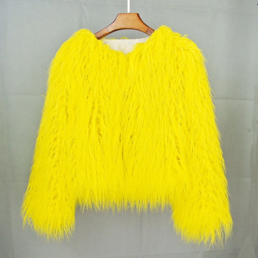 Kunstpelzmantel Damen flauschiger Langflor Wintermantel - Gelb