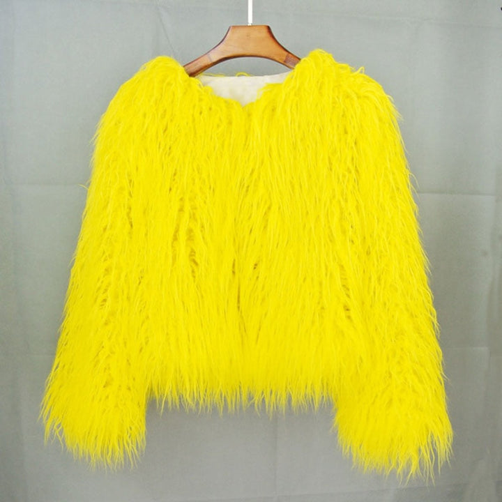 Kunstpelzmantel Damen flauschiger Langflor Wintermantel - Gelb