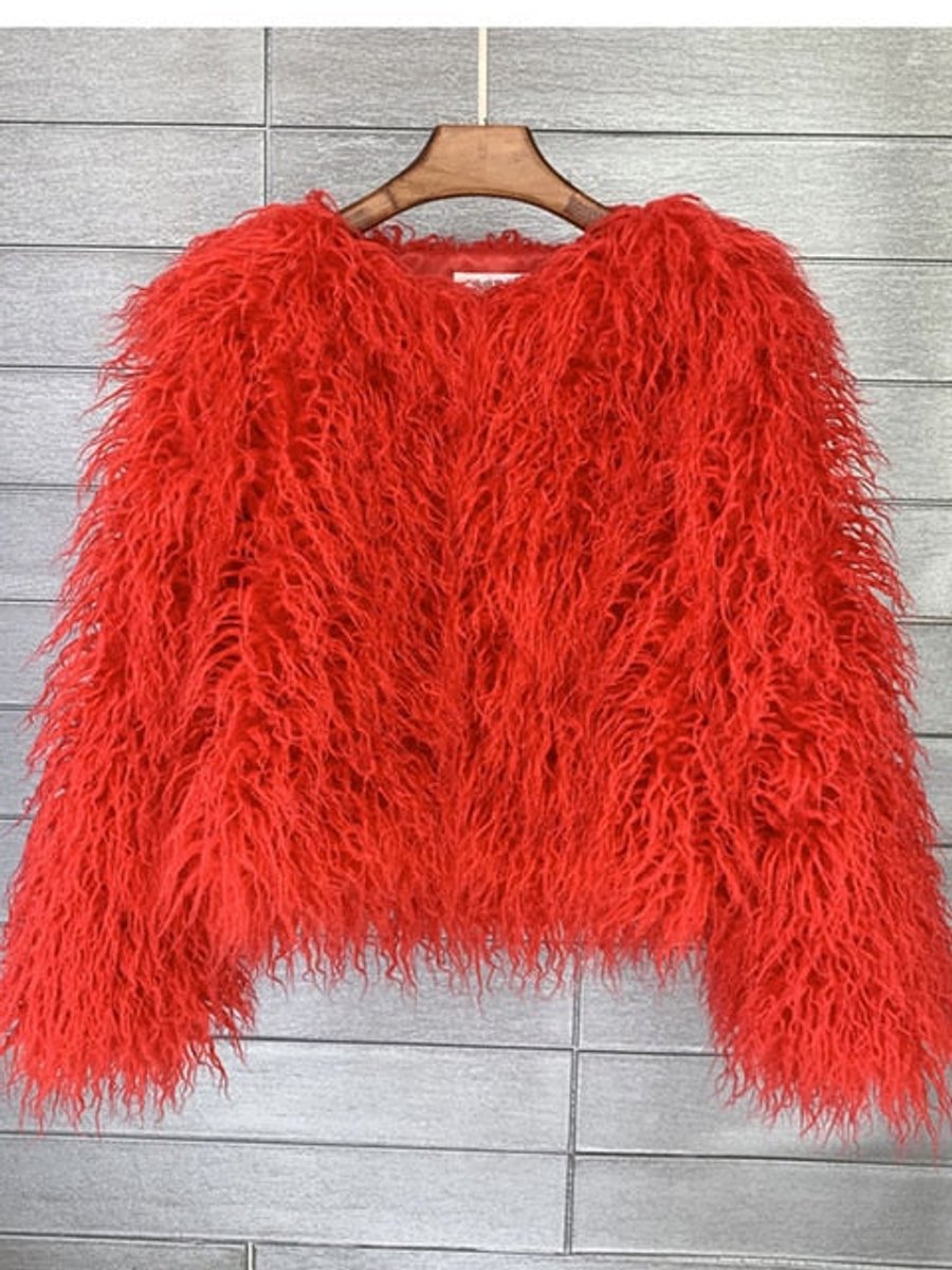 Kunstpelzmantel Damen flauschiger Langflor Wintermantel - Rot