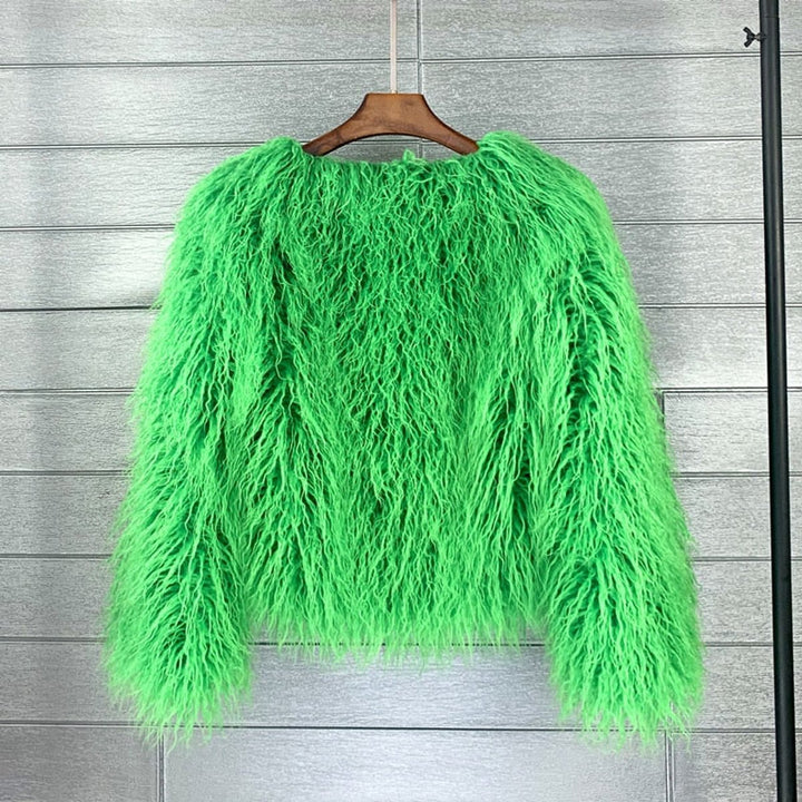 Kunstpelzmantel Damen flauschiger Langflor Wintermantel - Grün
