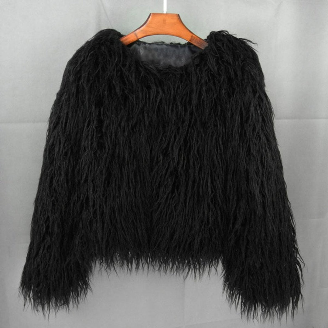 Kunstpelzmantel Damen flauschiger Langflor Wintermantel - Schwarz