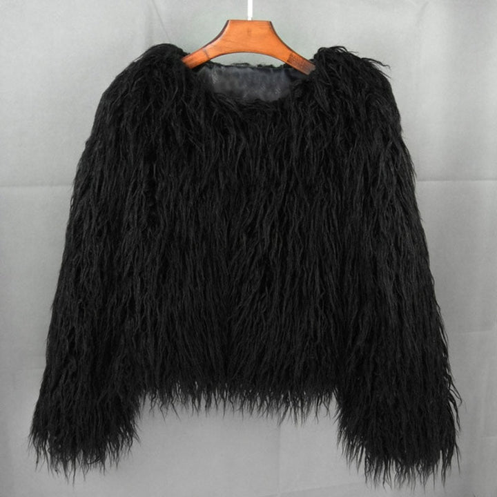 Kunstpelzmantel Damen flauschiger Langflor Wintermantel - Schwarz
