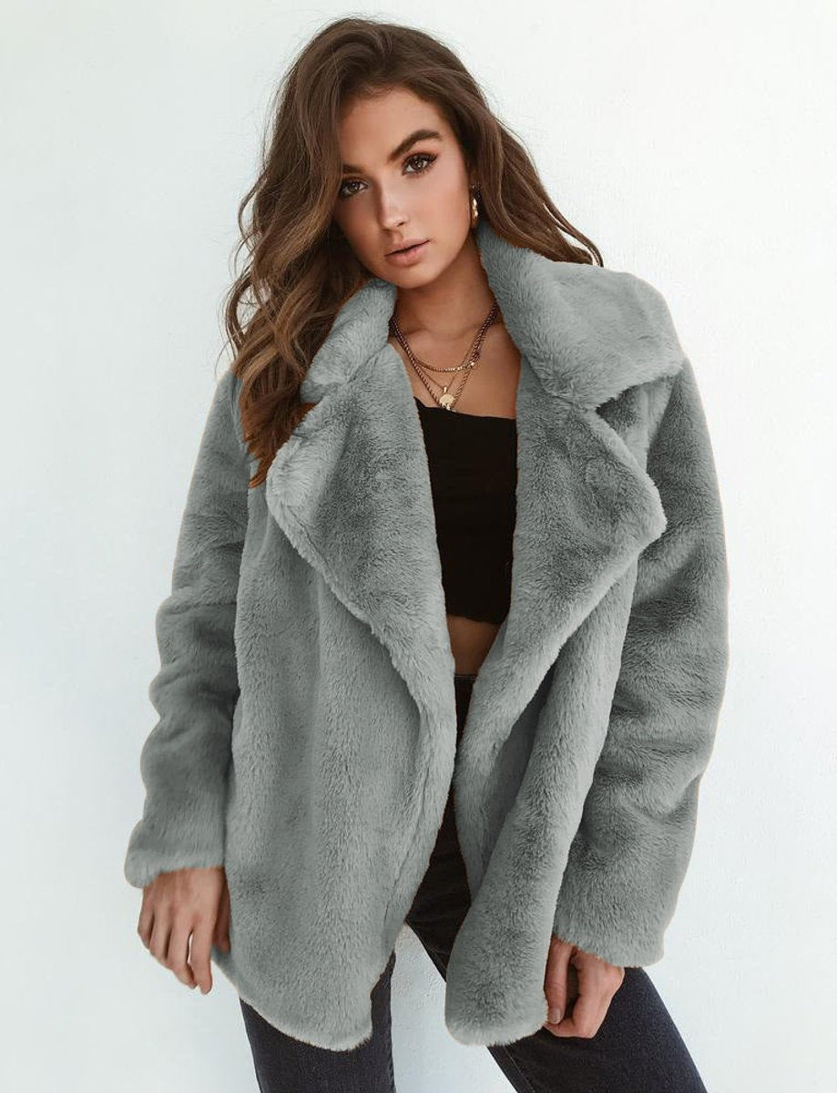 Kunstpelzmantel Damen Flauschiger Oversized Kurzmantel Kunstfell - Grau
