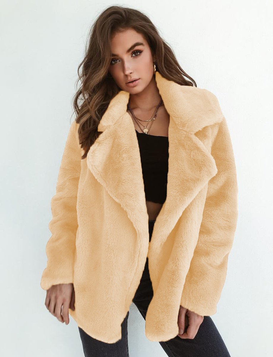 Kunstpelzmantel Damen Flauschiger Oversized Kurzmantel Kunstfell - Aprikose