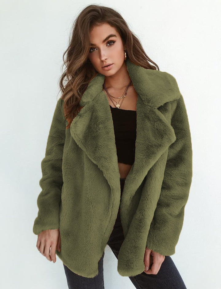 Kunstpelzmantel Damen Flauschiger Oversized Kurzmantel Kunstfell - Olivgrün