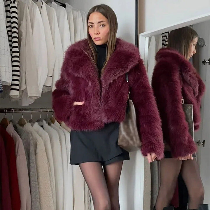 Kunstpelzmantel Damen Kurz Flauschige Kunstpelzjacke V-Ausschnitt