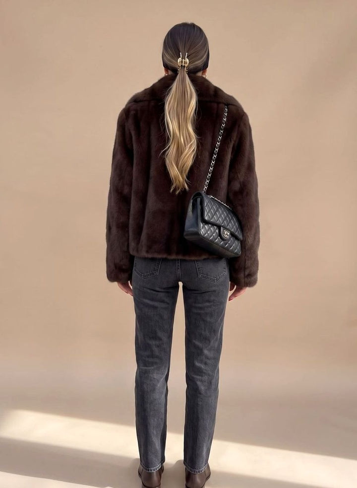 Kunstpelzmantel Damen Kurz Klassischer Kragen Flauschige Jacke