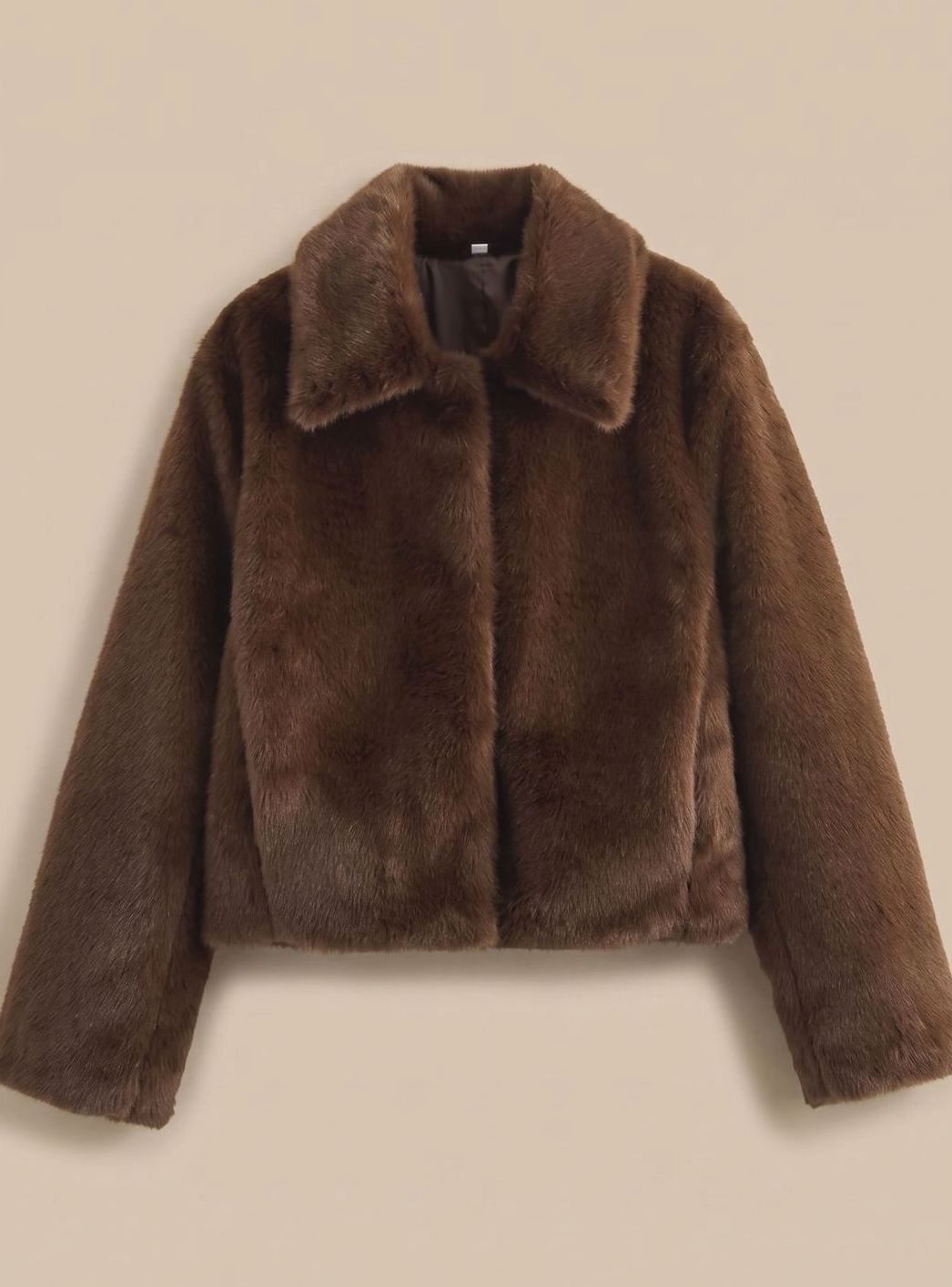 Kunstpelzmantel Damen Kurz Klassischer Kragen Flauschige Jacke - Dunkelbraun