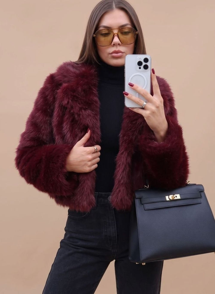Kunstpelzmantel Damen Kurz Tailliert Flauschig Warme Winterjacke
