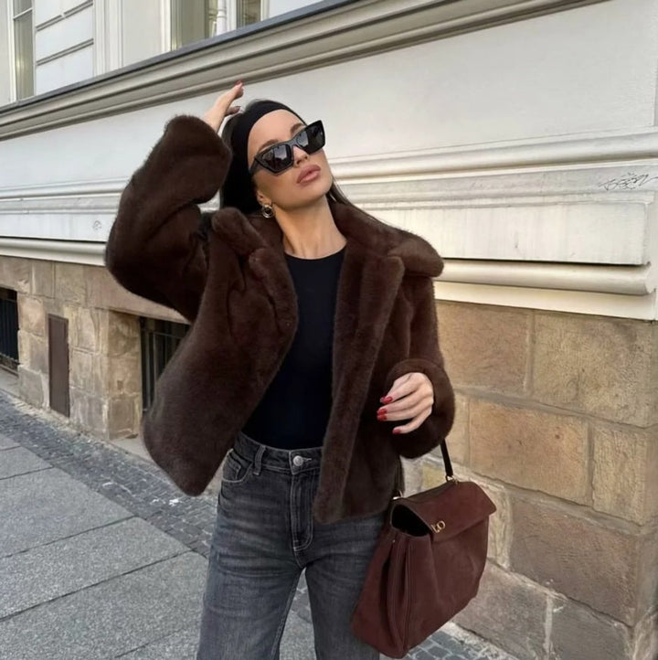 Kunstpelzmantel Damen Kurzjacke klassischer Kragen kuscheliger Kunstpelz