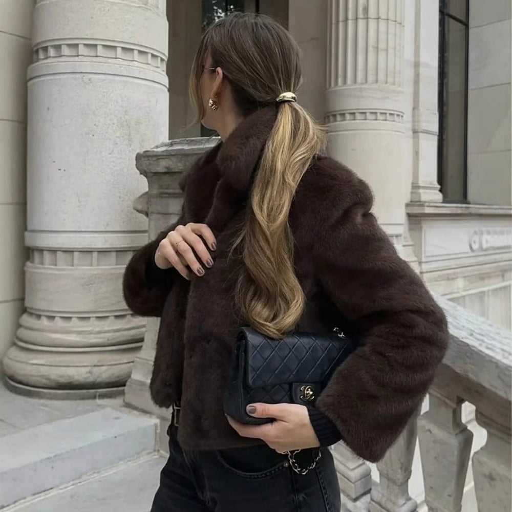 Kunstpelzmantel Damen Kurzjacke klassischer Kragen kuscheliger Kunstpelz