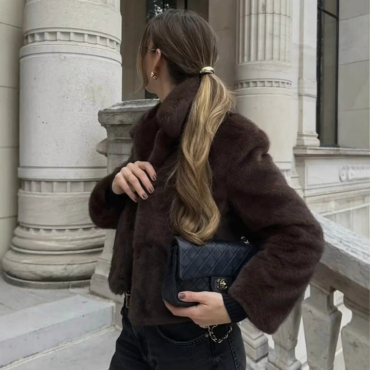 Kunstpelzmantel Damen Kurzjacke klassischer Kragen kuscheliger Kunstpelz