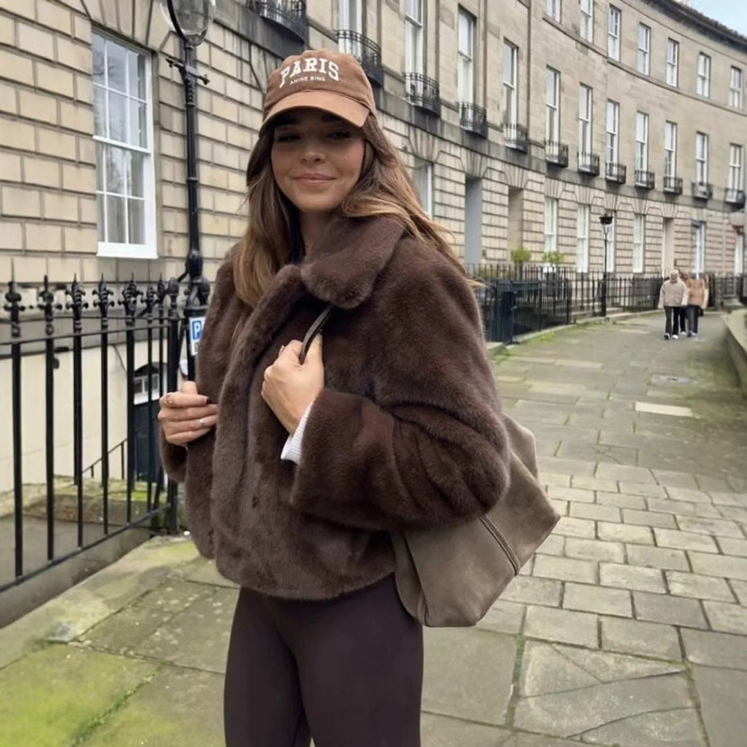 Kunstpelzmantel Damen Kurzjacke klassischer Kragen kuscheliger Kunstpelz