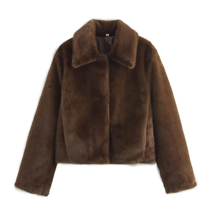 Kunstpelzmantel Damen Kurzjacke klassischer Kragen kuscheliger Kunstpelz - Dunkelbraun