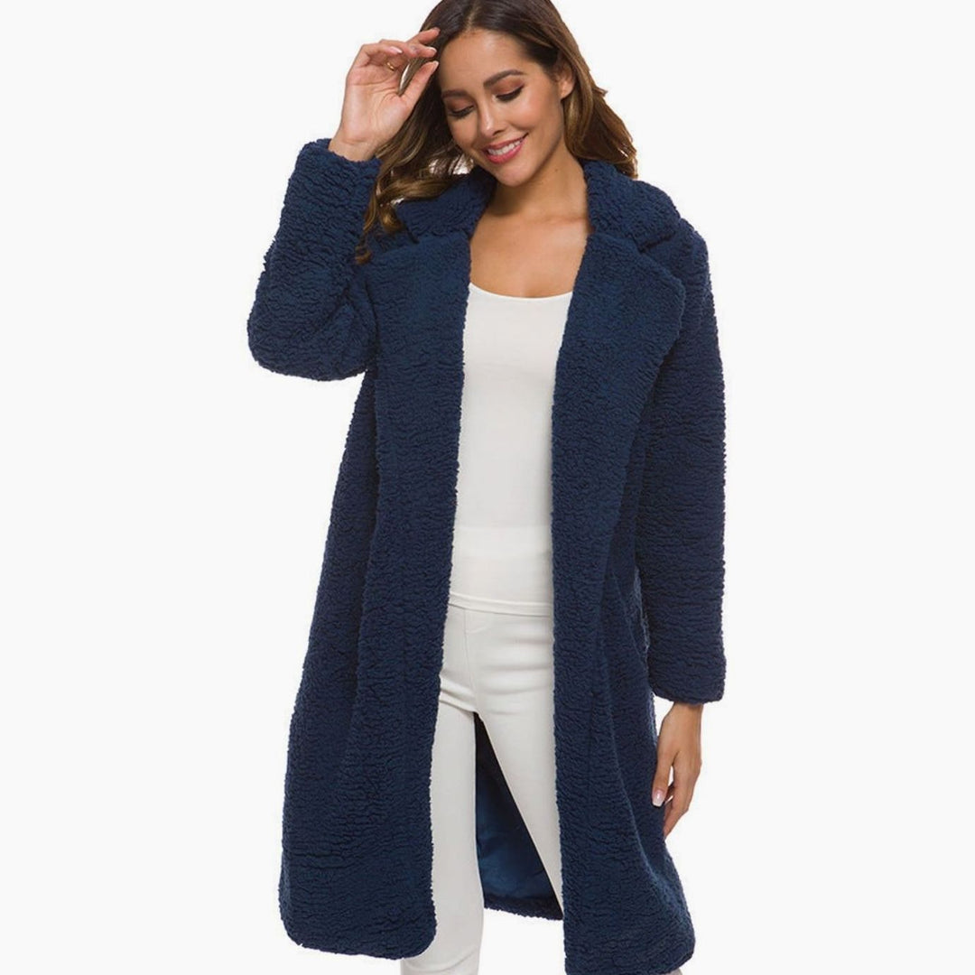 Kunstpelzmantel Damen Langer Flauschiger Teddy-Mantel Offen - Marineblau