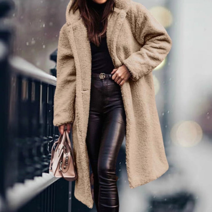 Kunstpelzmantel Damen Langer Flauschiger Teddy-Mantel Offen - Aprikose