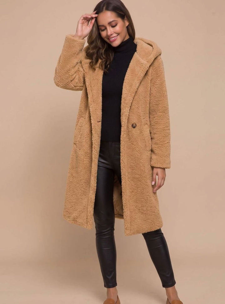 Kunstpelzmantel Damen Langer Flauschiger Teddy-Mantel Offen - Goldenes Kamel