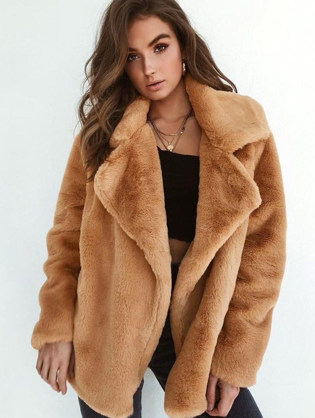 Kunstpelzmantel Damen Lässiger Oversized Teddyfell Kurzmantel - Hellbraun