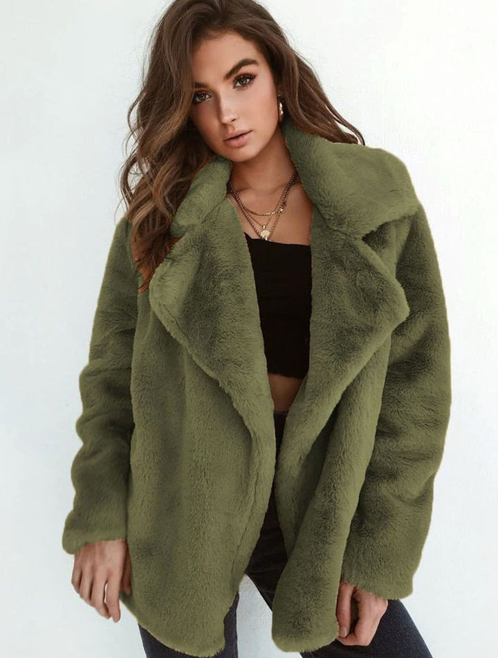 Kunstpelzmantel Damen Lässiger Oversized Teddyfell Kurzmantel - Olivgrün