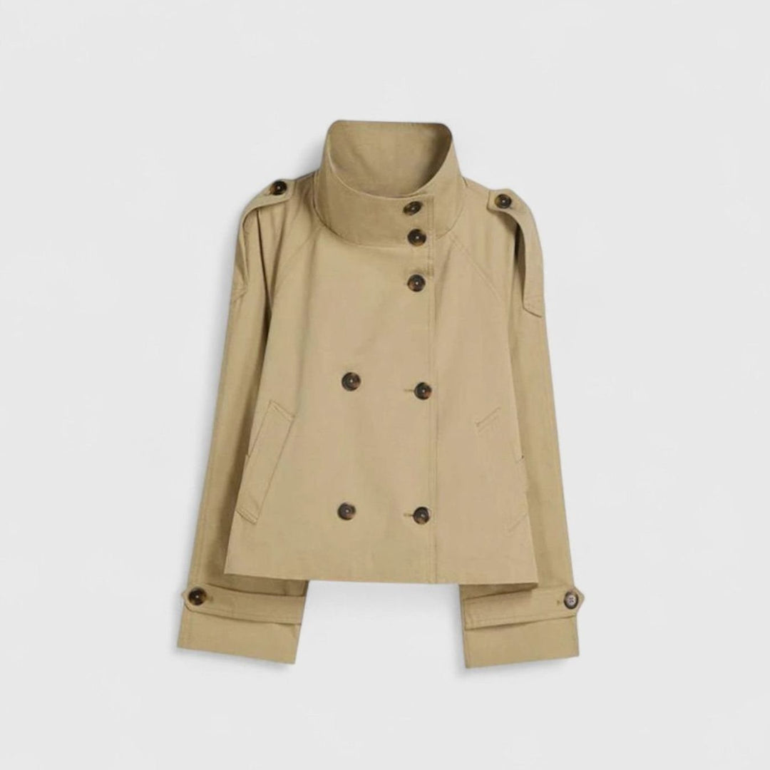 Kurzer Trenchcoat Damen Doppelknopf Stehkragen - Khaki