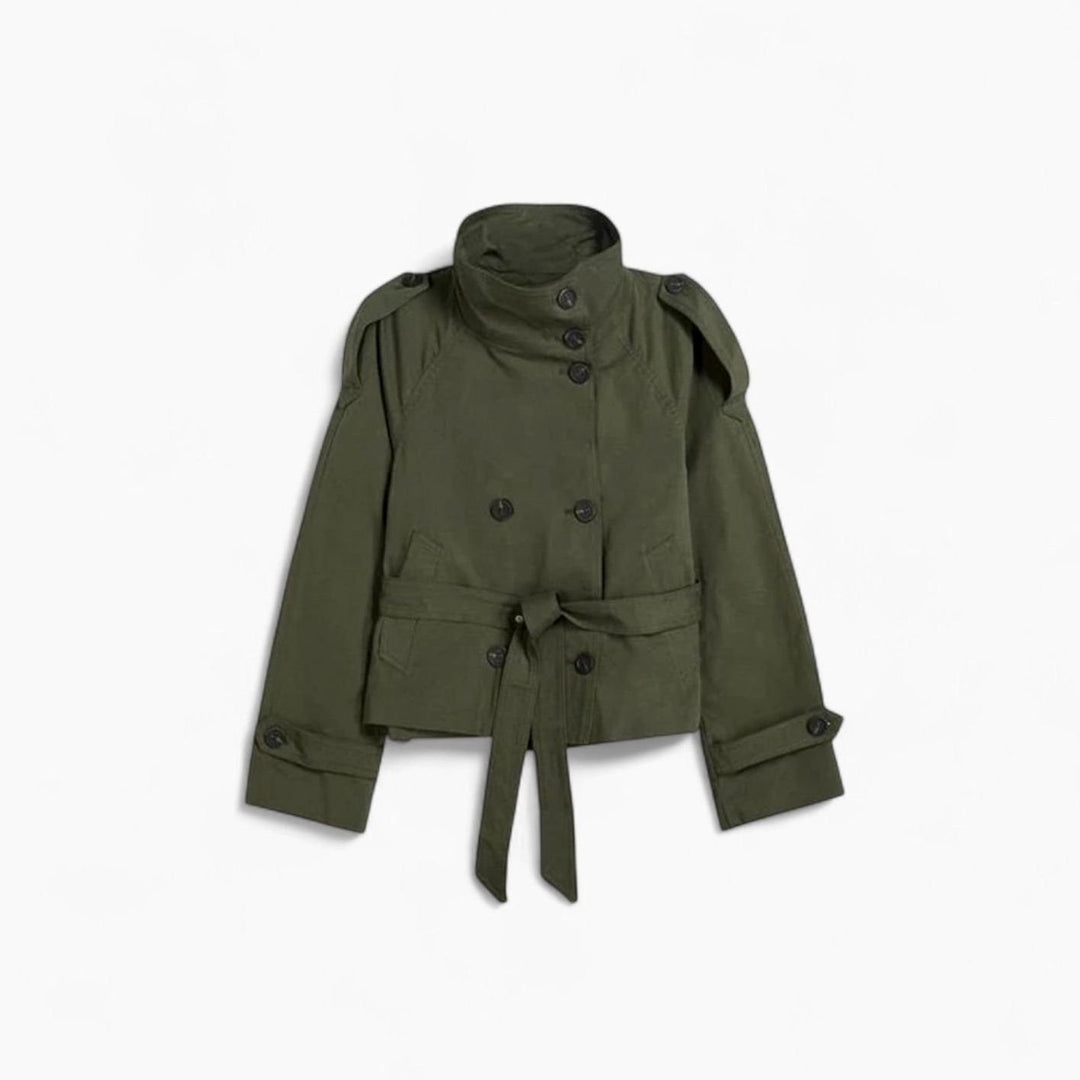 Kurzer Trenchcoat Damen Doppelknopf Stehkragen - Grün
