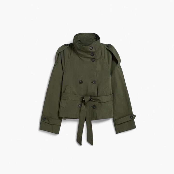 Kurzer Trenchcoat Damen Doppelknopf Stehkragen - Grün