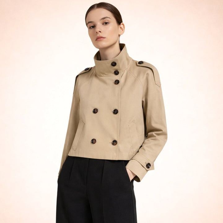 Kurzer Trenchcoat Damen Doppelknopf Stehkragen