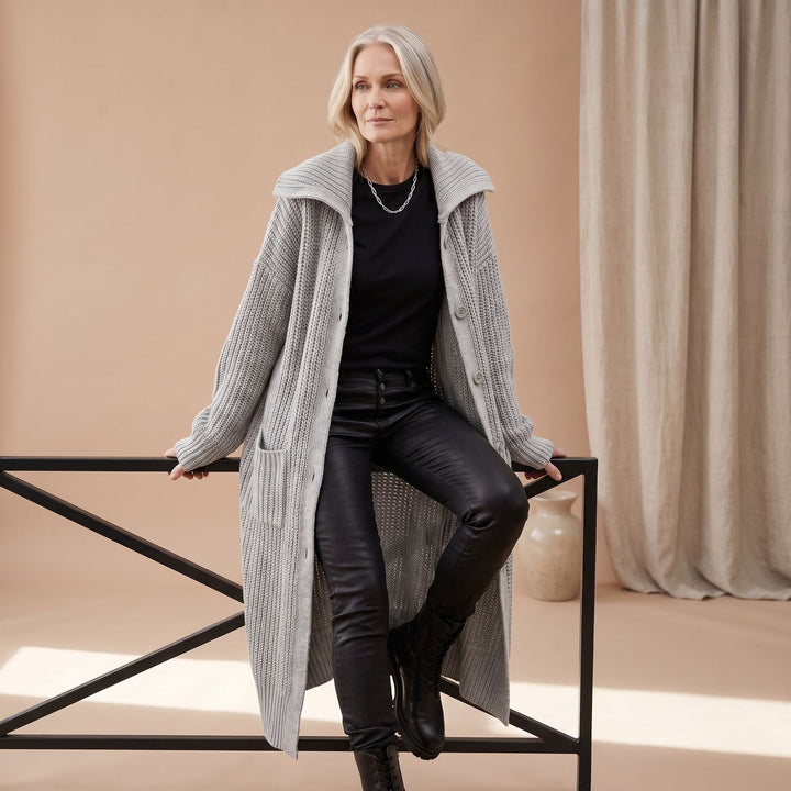 Lange Grobstrick-Strickjacke Damen Oversized Cardigan mit Kragen - Grau