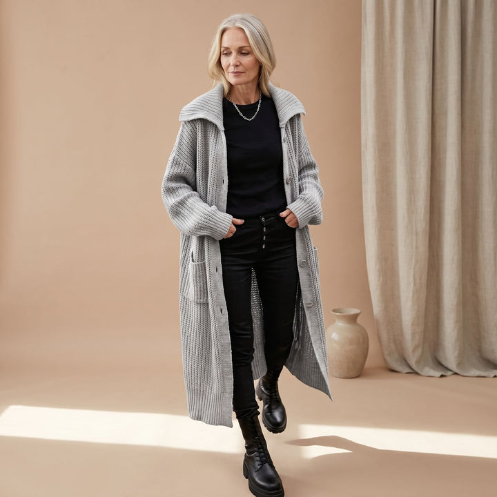 Lange Grobstrick-Strickjacke Damen Oversized Cardigan mit Kragen