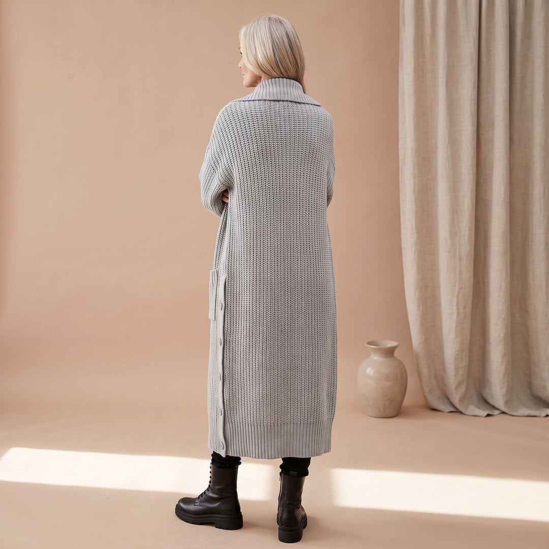 Lange Grobstrick-Strickjacke Damen Oversized Cardigan mit Kragen