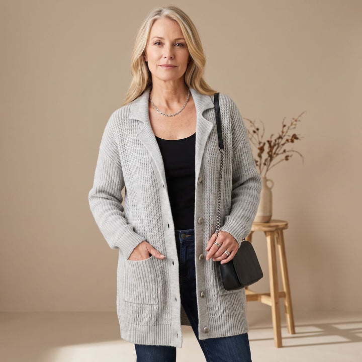 Lange Grobstrick-Strickjacke Damen Oversized Cardigan mit Kragen