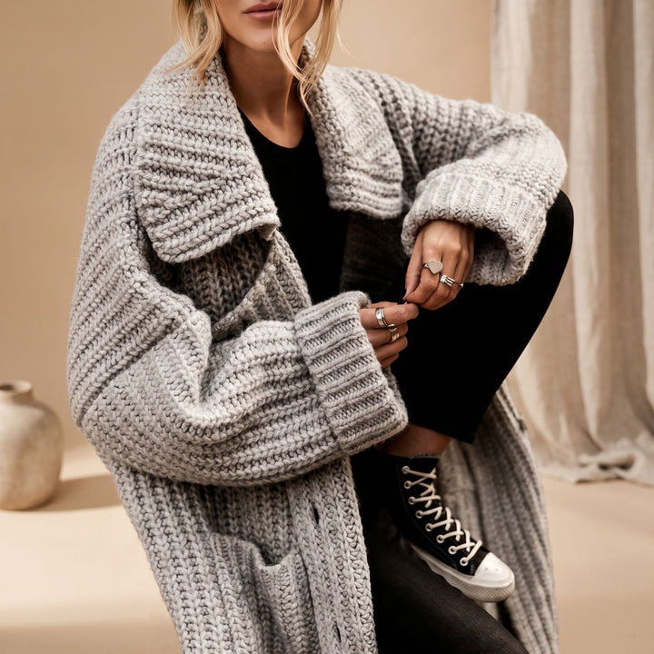 Lange Grobstrick-Strickjacke Damen Oversized Cardigan mit Kragen